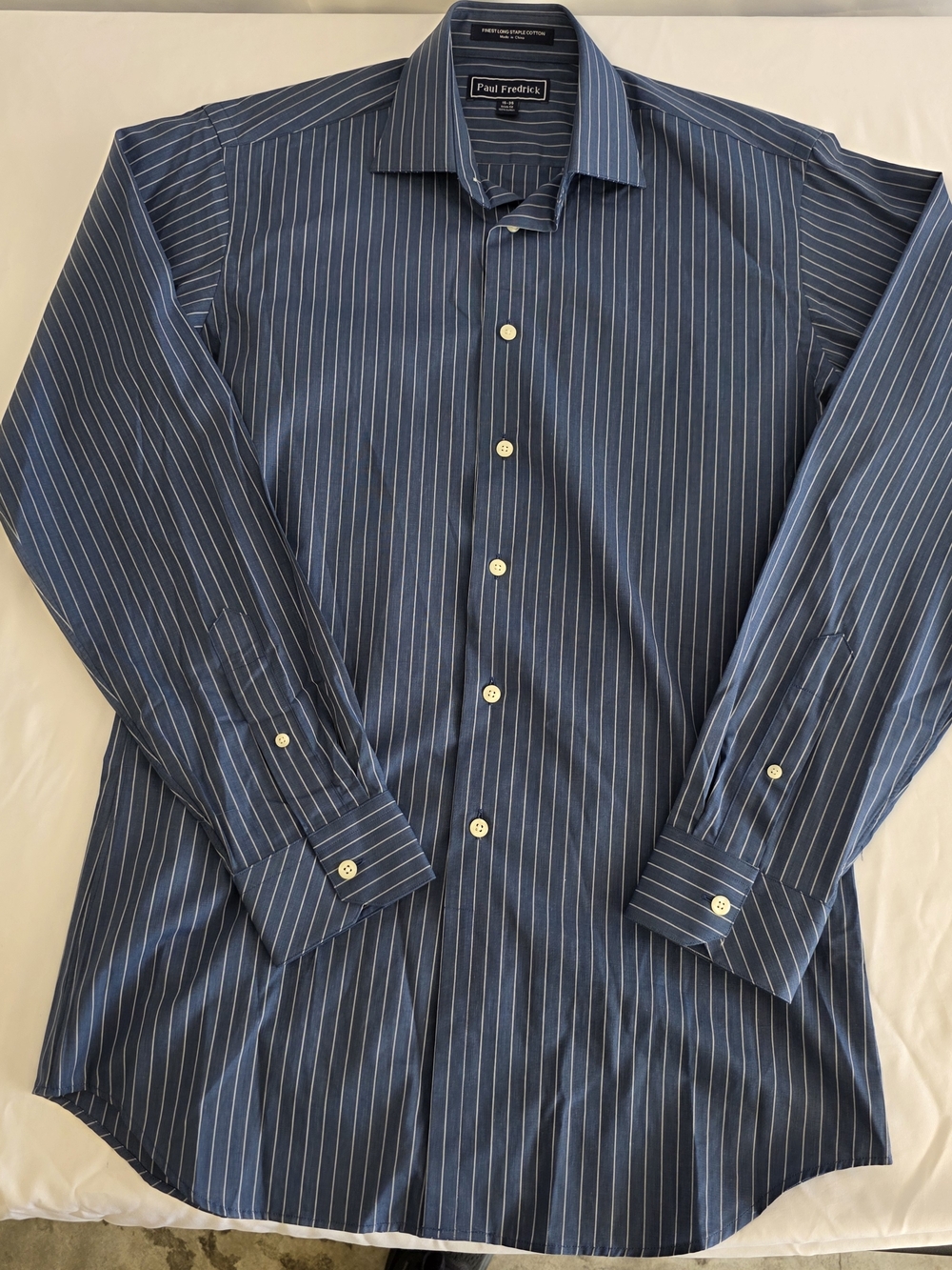 Paul Fredrick Blue Striped Dress Shirt 15-35 Trim Fit 100% Cotton